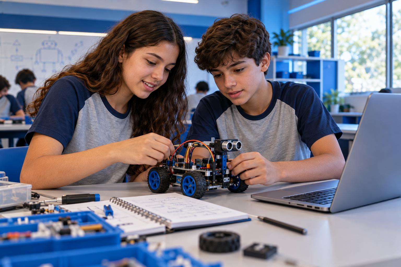 Cena ilustrativa de adolescentes colaborando em um projeto de robótica educacional